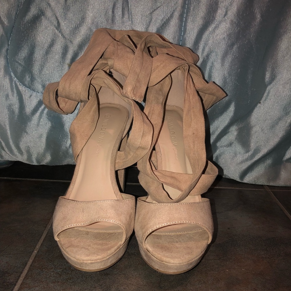 Blush suede platform heels